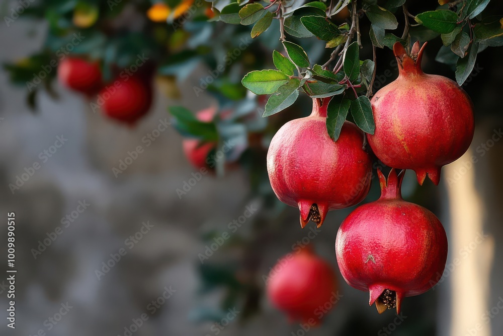 Ripe pomegranates hanging from a tree, showcasing their vibrant red color and lush green leaves. Ripe pomegranates hanging from a tree, showcasing their vibrant red color and lush green leaves.