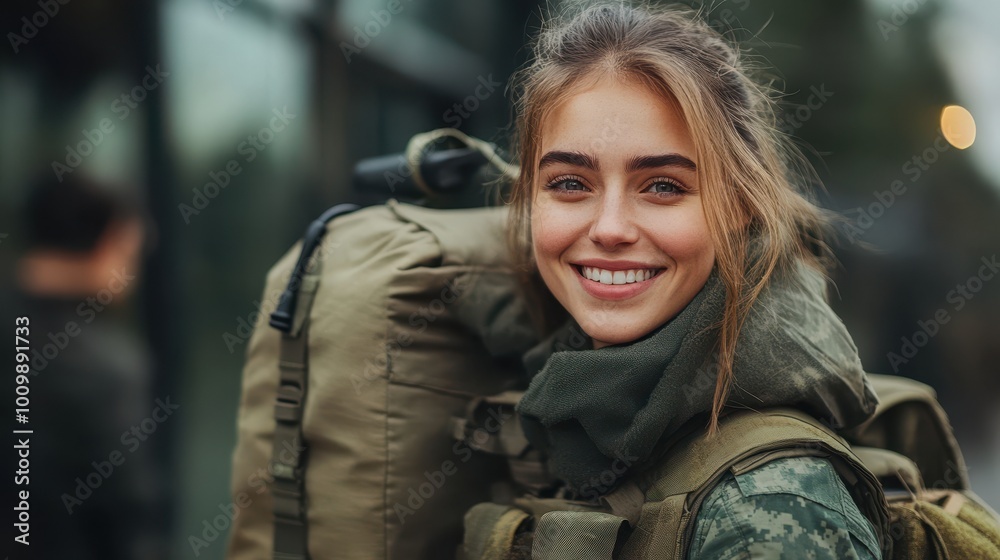 Fototapeta premium Cheerful female soldier returned home