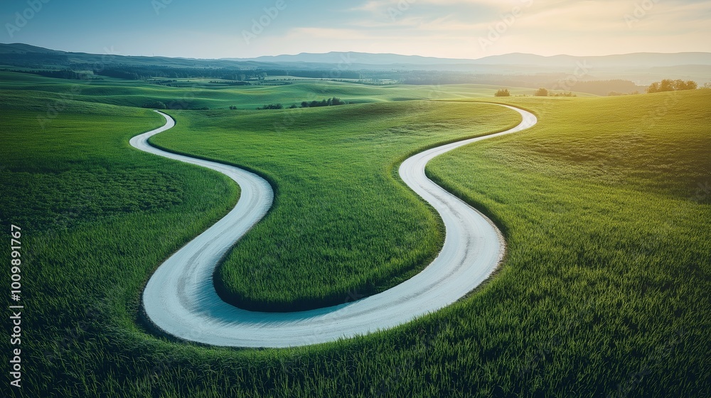 Aerial view of a serene countryside landscape featuring lush green fields and winding roads under a clear sky Aerial view of a serene countryside landscape featuring lush green fields and winding roads under a clear sky