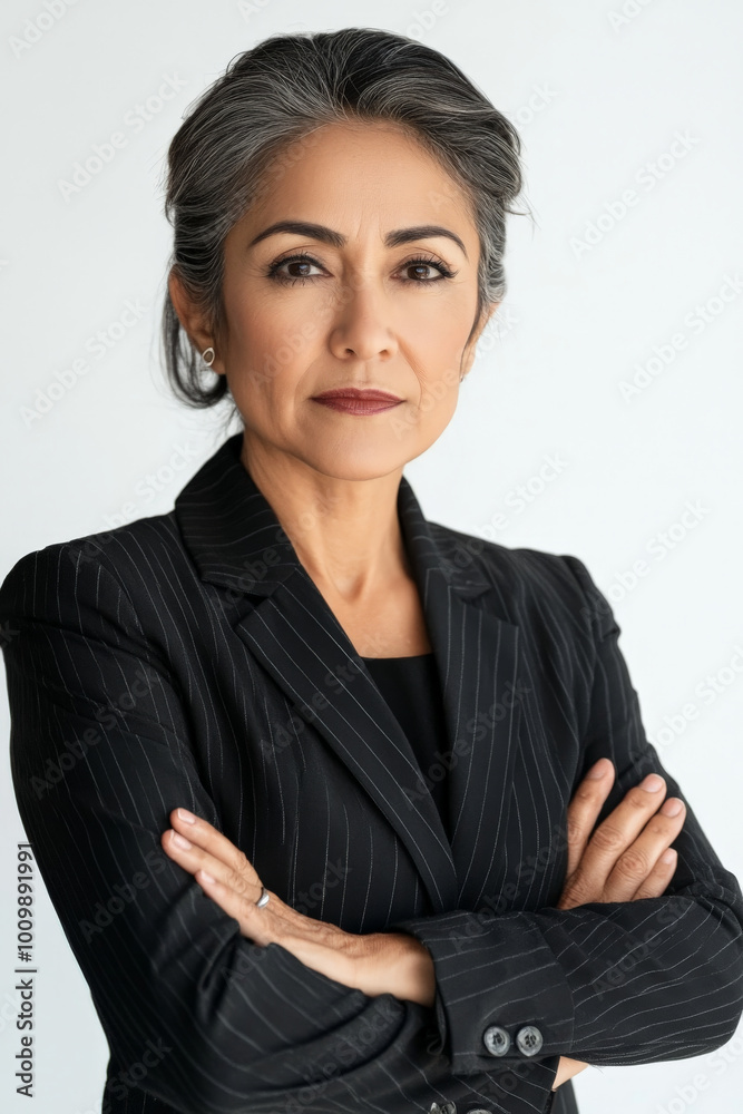 A confident senior Hispanic woman in formal attire, arms crossed and projecting confidence against a bold white background, highlighting her professional demeanor. A confident senior Hispanic woman in formal attire, arms crossed and projecting confidence against a bold white background, highlighting her professional demeanor.