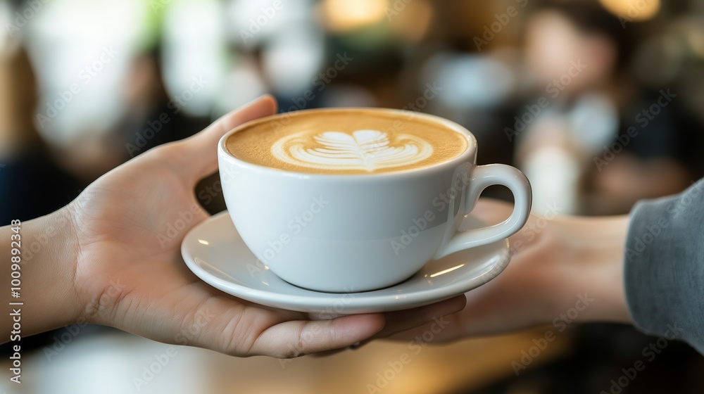 A barista serves a latte with intricate art to a customer in a cozy coffee shop A barista serves a latte with intricate art to a customer in a cozy coffee shop