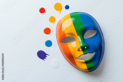 A colorful mask with speech bubbles, symbolizing communication and expression. photo