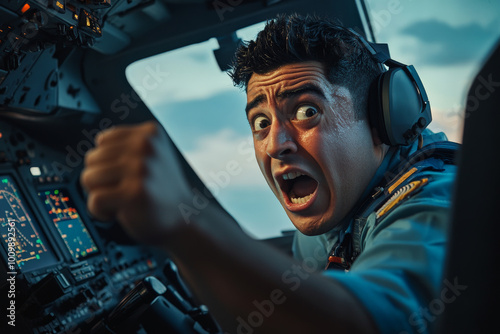 A young Hispanic pilot with an exaggeratedly panicked expression as he glances at the navigation screen in the cockpit. The serious aviation backdrop highlights the humor in his reaction.