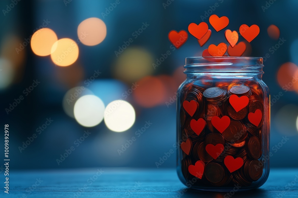 A donation jar filled with coins, with red heart symbols floating above it, set against a soft, blurred abstract background A donation jar filled with coins, with red heart symbols floating above it, set against a soft, blurred abstract background