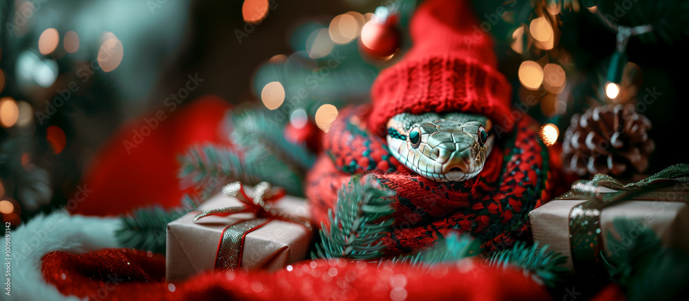 Nestled under a brightly decorated Christmas tree, a green snake adorned in a cozy red hat waits in anticipation for the joyous celebration of the upcoming Year of the Snake Nestled under a brightly decorated Christmas tree, a green snake adorned in a cozy red hat waits in anticipation for the joyous celebration of the upcoming Year of the Snake