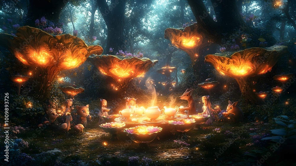 A magical forest scene with glowing mushrooms and fairies gathered around a table for a tea party. A magical forest scene with glowing mushrooms and fairies gathered around a table for a tea party.