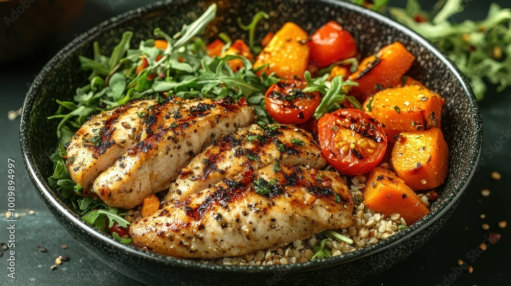 Chicken breast fillet and buckwheat bowl grilled butternut squash and fresh vegetable salad with arugula and tomatoes healthy food lunch menu top view Chicken breast fillet and buckwheat bowl grilled butternut squash and fresh vegetable salad with arugula and tomatoes healthy food lunch menu top view