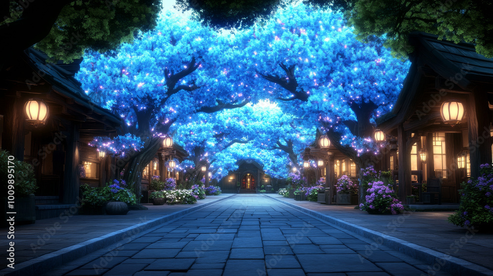 Fototapeta premium A magical, glowing street lined with enchanting blue trees.