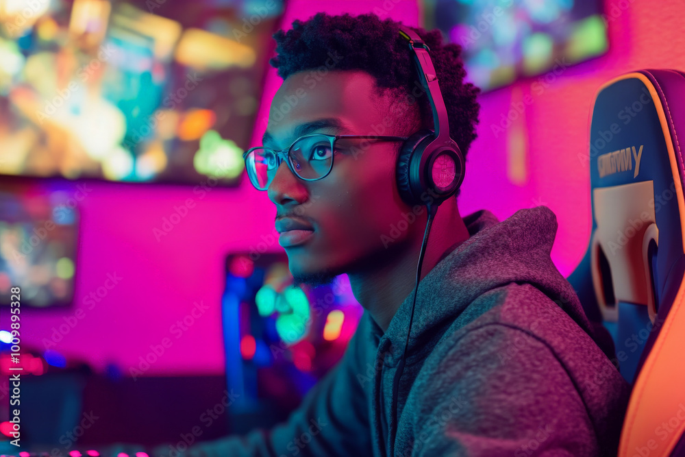 A young adult African American man in trendy e-sports gear sits at a modern gaming setup, fully engaged in his game. The vibrant background showcases colorful displays and gaming memorabilia, A young adult African American man in trendy e-sports gear sits at a modern gaming setup, fully engaged in his game. The vibrant background showcases colorful displays and gaming memorabilia,