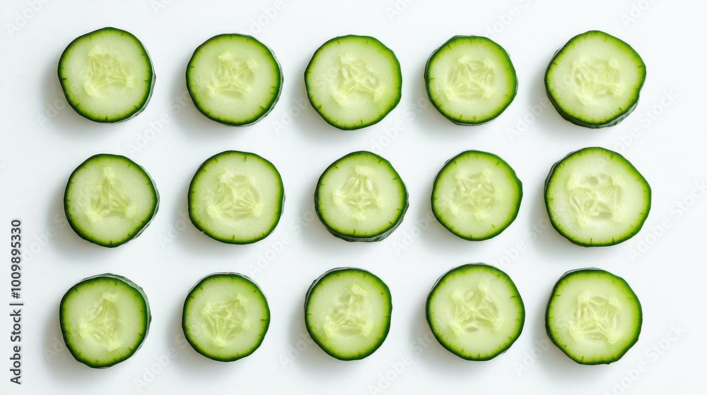 Sliced cucumbers arranged in a neat pattern on a white background. Sliced cucumbers arranged in a neat pattern on a white background.
