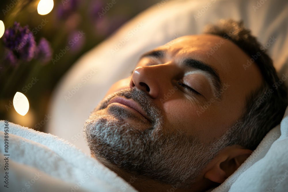 A middle-aged man indulging in a calming facial treatment at a modern spa, with soft music and the subtle scent of lavender enhancing the serene atmosphere around him. A middle-aged man indulging in a calming facial treatment at a modern spa, with soft music and the subtle scent of lavender enhancing the serene atmosphere around him.
