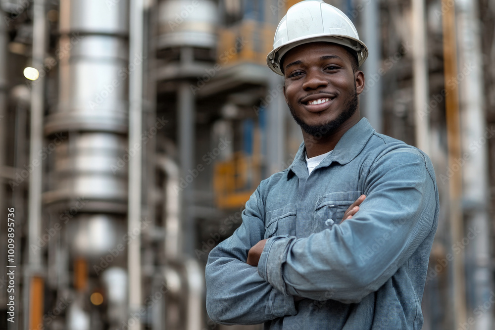 A young African American power plant worker poses proudly with arms crossed, smiling at the camera. The power plant's infrastructure looms behind him, emphasizing the importance of his role in the A young African American power plant worker poses proudly with arms crossed, smiling at the camera. The power plant's infrastructure looms behind him, emphasizing the importance of his role in the