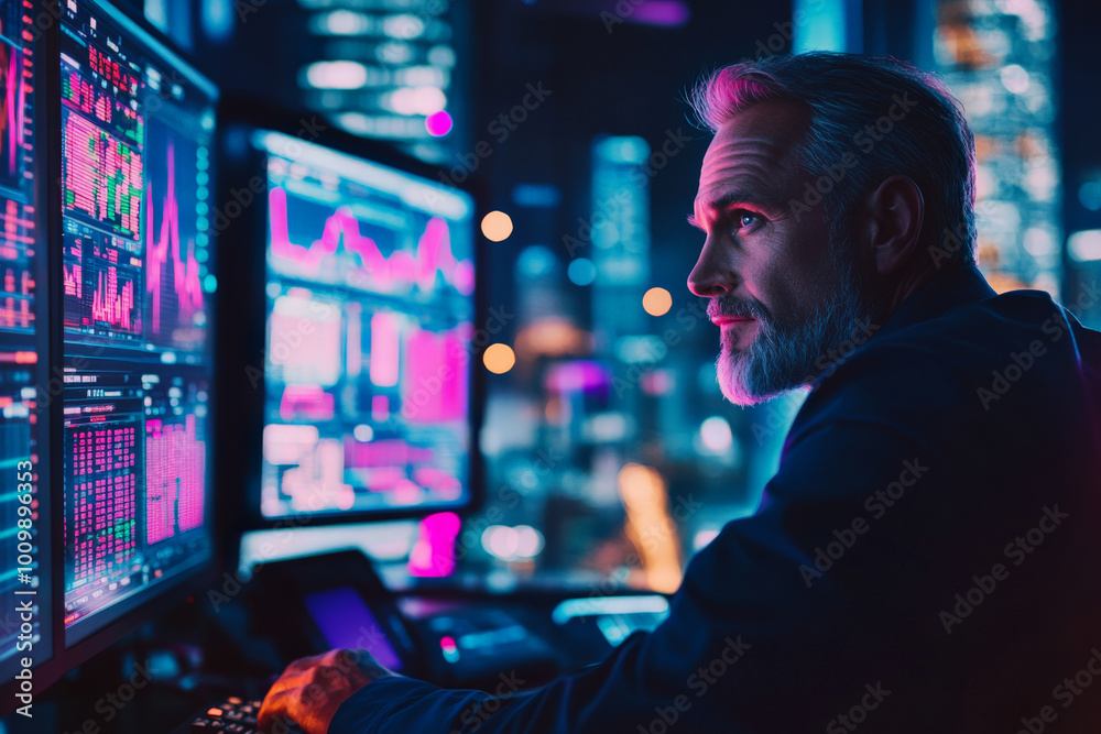 A senior Caucasian stock trader, confidently directing his team while monitoring the markets on multiple screens, with a bright neon-lit city view creating an inspiring backdrop for intense trading. A senior Caucasian stock trader, confidently directing his team while monitoring the markets on multiple screens, with a bright neon-lit city view creating an inspiring backdrop for intense trading.