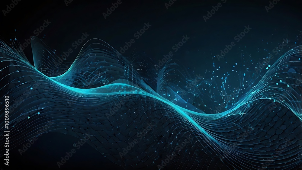 Abstract fractal digital design of blue waves and curves with a smooth motion textured background on a solid black wall Abstract fractal digital design of blue waves and curves with a smooth motion textured background on a solid black wall