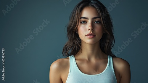 Health and Medicine Concepts - A woman wearing a white t-shirt in support of breast cancer.