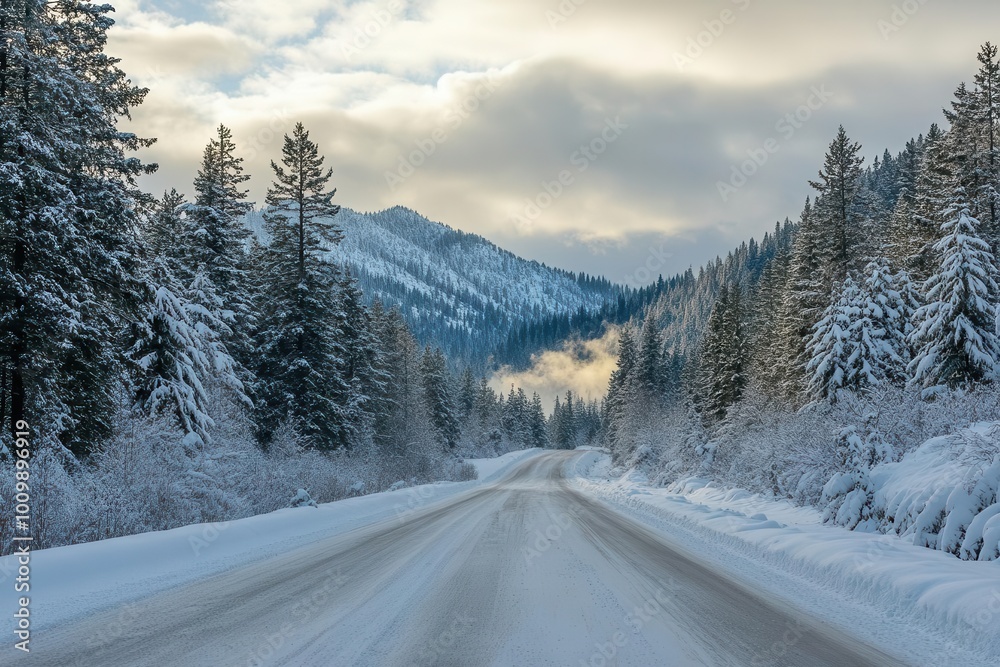 Snow-covered road winding through a winter landscape with tall evergreen trees and mountains. Snow-covered road winding through a winter landscape with tall evergreen trees and mountains.