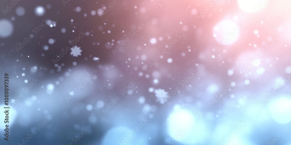 abstract christmas background with macro falling snowflakes and soft bokeh, cold colors and cozy atmosphere