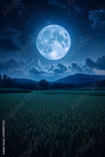 A full moon hangs high in the night sky, casting its silvery light over a field of tall grass.