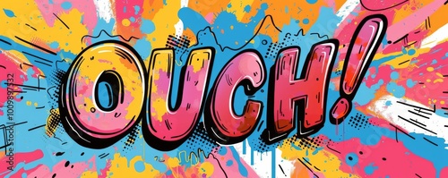 Fun pop art background with text "OUCH." Whimsical style, Bold lines, Colorful cartoon vector