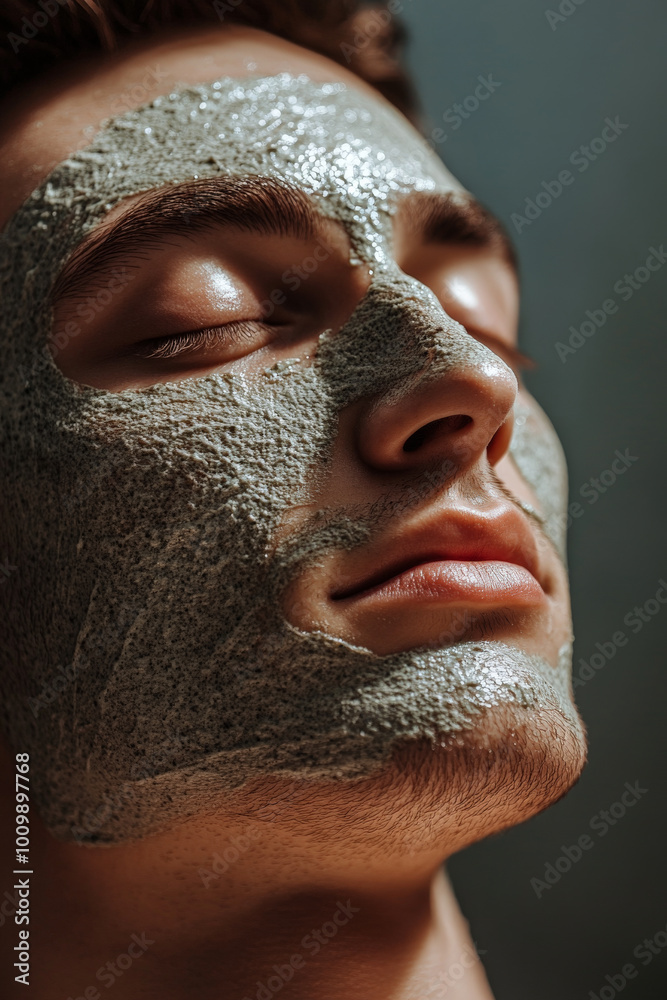 A young man with a mask on his face enjoying a rejuvenating facial treatment in a tranquil spa environment, minimalist design elements creating a peaceful oasis for relaxation.