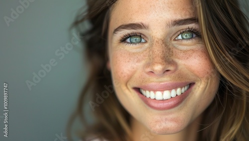 Close up of a beautiful woman smiling with perfect teeth and white skin...