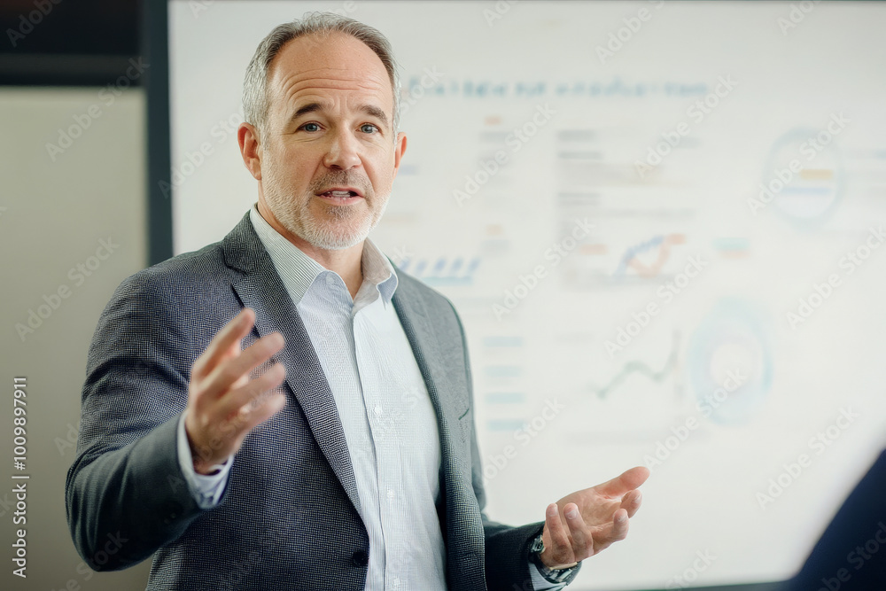 A middle-aged Caucasian man confidently leading a business presentation before a whiteboard, gesturing towards the data. His commanding presence reflects his authority and knowledge. A middle-aged Caucasian man confidently leading a business presentation before a whiteboard, gesturing towards the data. His commanding presence reflects his authority and knowledge.