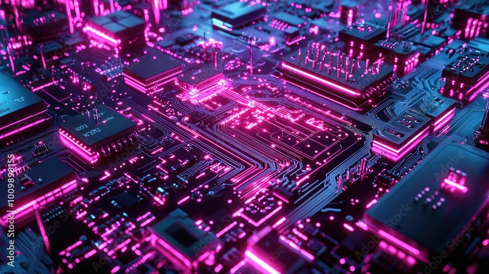 Obraz premium Close-up of a Circuit Board with Glowing Pink Lines