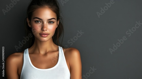 Health and Medicine Concepts - A woman wearing a white t-shirt in support of breast cancer.
