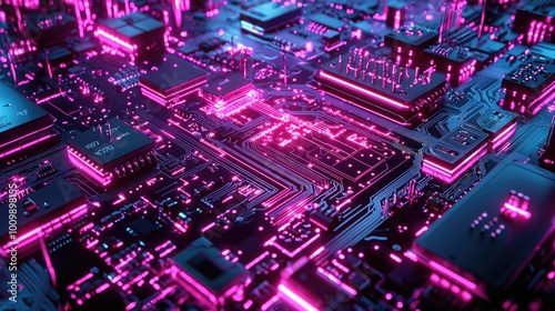 Close-up of a Circuit Board with Glowing Pink Lines