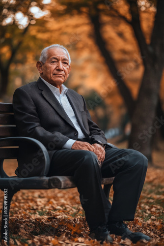 A senior Hispanic man in a well-tailored suit, sitting on a park bench with a contemplative look, reminiscing about his life experiences while surrounded by autumn leaves. photo