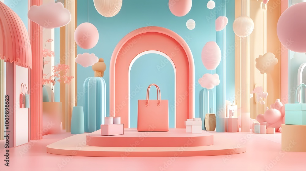 A vibrant, pastel-colored showcase featuring a stylish handbag, perfect for fashion and retail presentations. A vibrant, pastel-colored showcase featuring a stylish handbag, perfect for fashion and retail presentations.