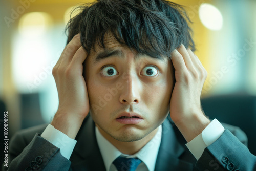 A young adult Japanese man in a tailored suit, looking worried with wide eyes, holding his head in a boardroom filled with tension, contemplating a difficult business decision.