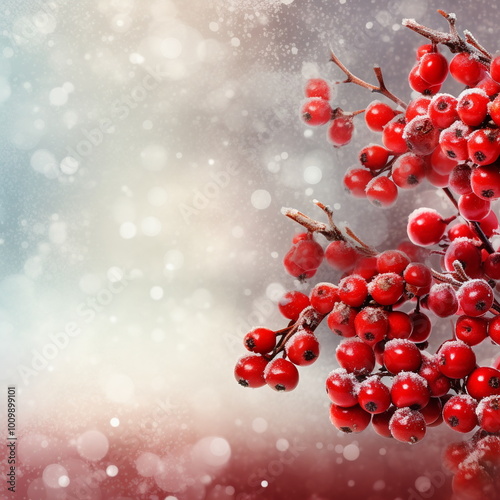 Winter wallpaper wallpapers background backgrounds with branch, berries, ice, frost and lots of snow and bokeh