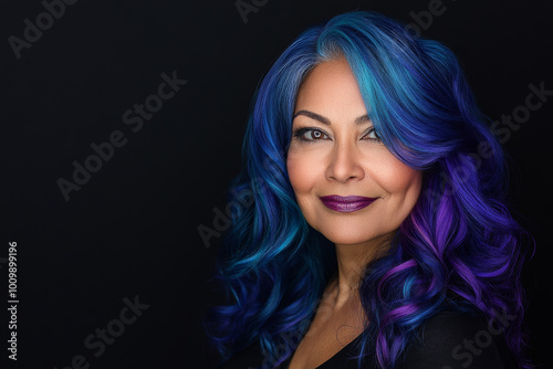 A senior Hispanic woman with bold oceanic hair styled in deep blue and violet waves, against a black background. Her flawless makeup and professional lighting enhance her powerful look.