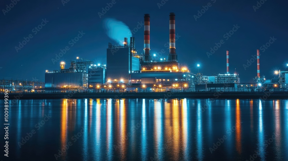 Illuminated Industrial Complex Reflecting in Calm Water at Night Illuminated Industrial Complex Reflecting in Calm Water at Night