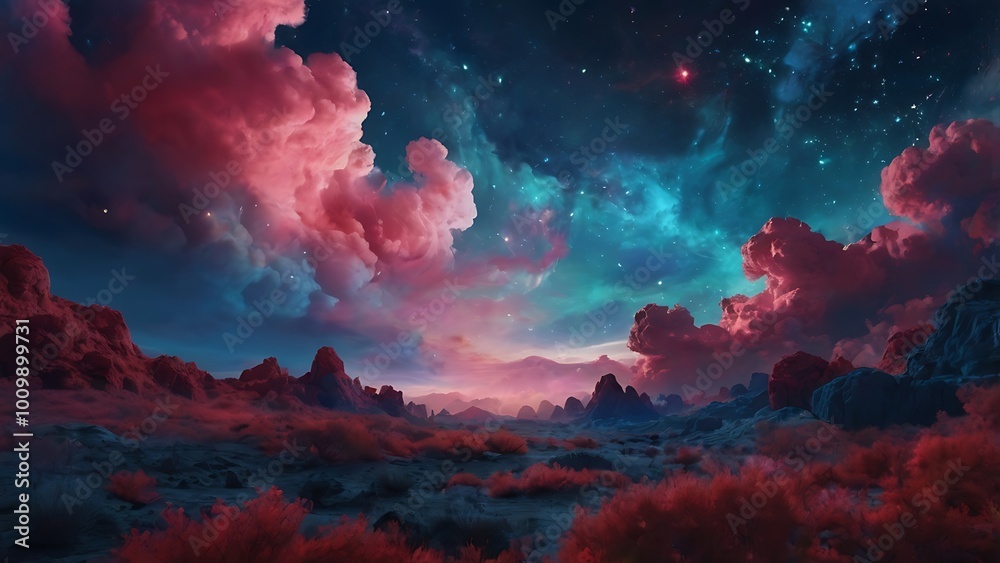 Naklejka premium Digital artwork depicting a surreal landscape under a vibrant, colorful sky features a vast expanse of red hued fields stretching towards a range of dark, silhouetted mountains in the background