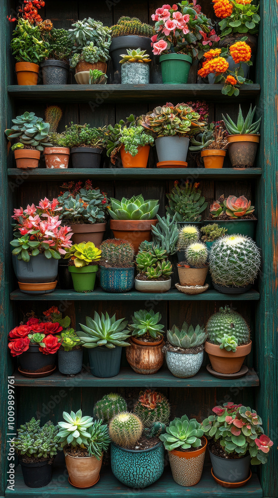 Succulents and cacti in pots on a wooden shelf. Succulents and cacti in pots on a wooden shelf.