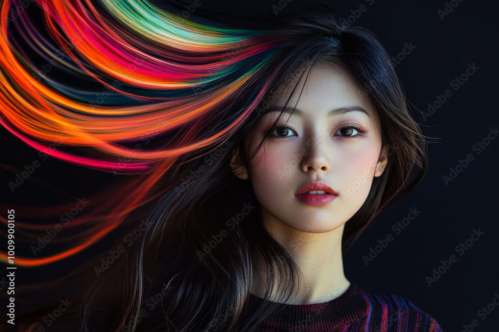 Fototapeta premium A young Japanese woman with vivid, swirling colors flowing dramatically around her head, set against a solid black background. The stark contrast emphasizes her focused gaze.