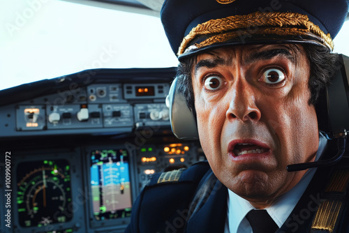 A senior Hispanic pilot with wide eyes and a startled face in the cockpit, humorously reacting to an unexpected situation. The detailed cockpit setting adds to the comedic effect.