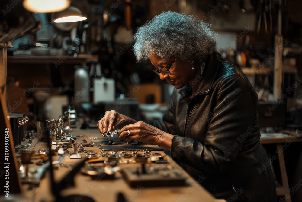 A senior African American woman in her 50s, working with precision to craft a vintage bracelet in a spotless workshop, filled with antique jewelry molds and timeless pieces. A senior African American woman in her 50s, working with precision to craft a vintage bracelet in a spotless workshop, filled with antique jewelry molds and timeless pieces.