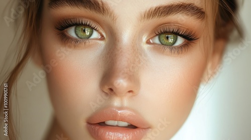 Makeup Beauty close-up portrait of young women with green eyes, skincare, cosmetics, perfect eyelashes.