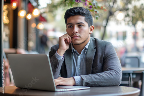 A young adult Hispanic man in a casual blazer, sitting at a cafe table with a laptop open, looking pensively at the screen, deep in thought about his work project.