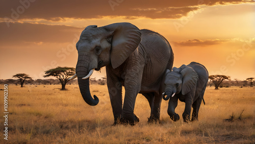 Elephant Family Walking on the African Savannah at Dusk: Fabulous Wildlife Photography and Safari Adventure generative ai