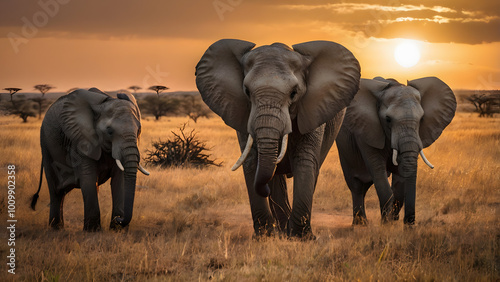 Elephant Family Walking on the African Savannah at Dusk: Fabulous Wildlife Photography and Safari Adventure generative ai