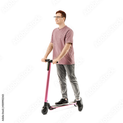 Young man riding modern ele...