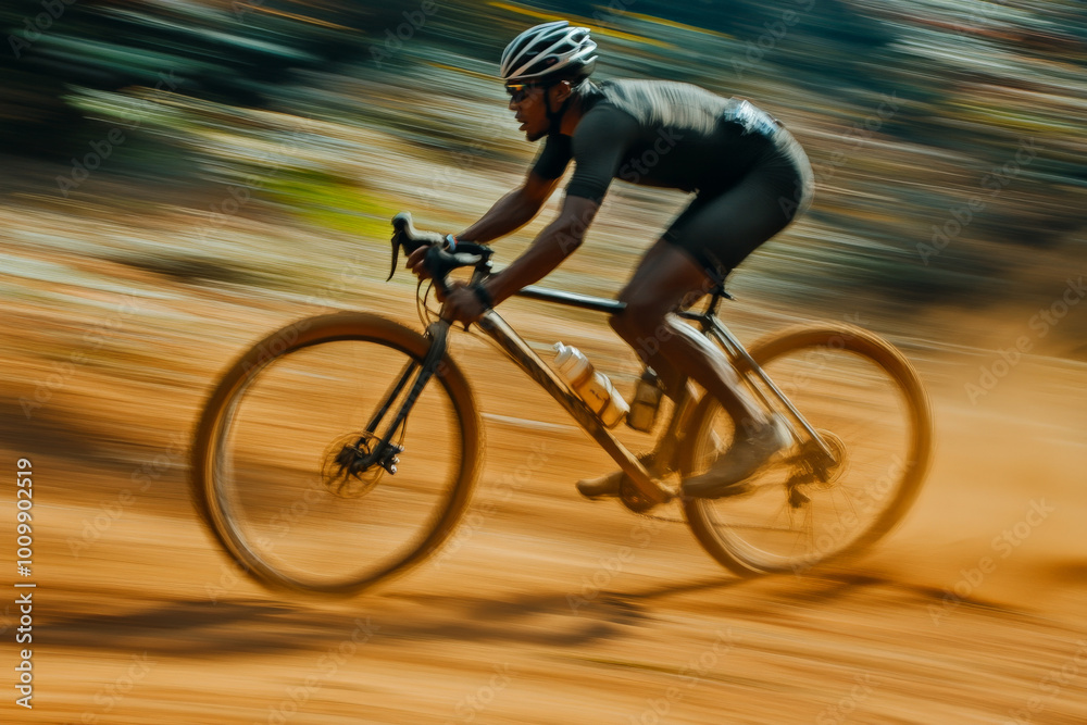 Fototapeta premium A middle-aged Black cyclist rides a gravel bike, hands gripping the handlebars, wheels kicking up dirt, with the world around blurring from the high-speed motion.