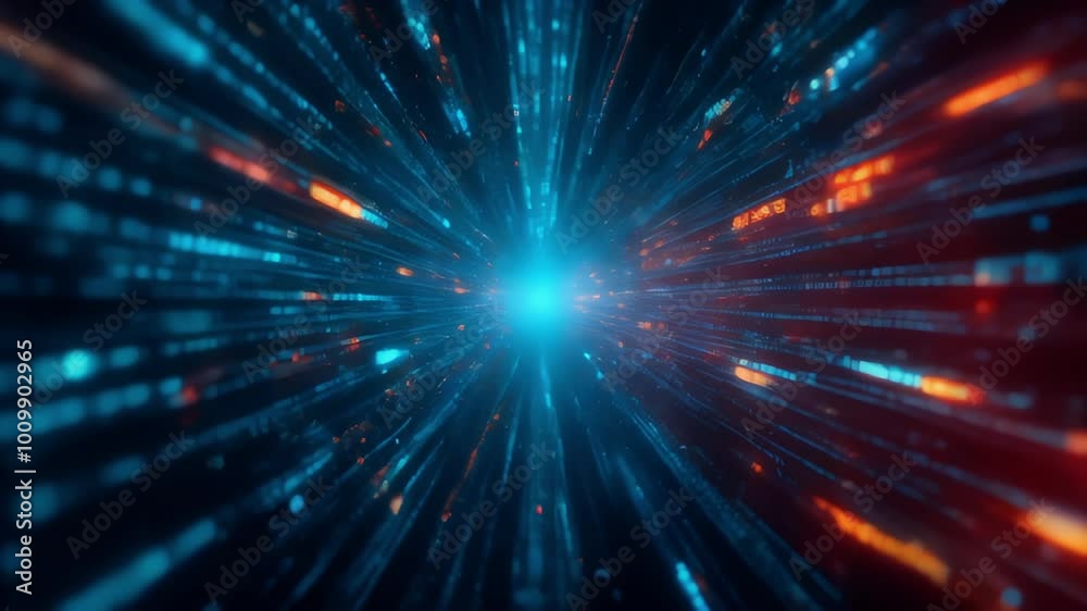 Futuristic Digital Technology Concept: High-Speed Data Transmission in Cyber Tunnel. Digital code, binary streams depicting data flow and cyber security concept. Futuristic Digital Technology Concept: High-Speed Data Transmission in Cyber Tunnel. Digital code, binary streams depicting data flow and cyber security concept.
