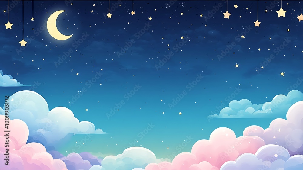 Dreamy Night Sky with Crescent Moon and Hanging Stars Dreamy Night Sky with Crescent Moon and Hanging Stars