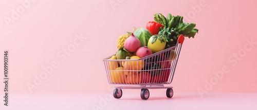 A vibrant shopping cart filled with fresh fruits and vegetables against a soft pink background, perfect for healthy lifestyle concepts.