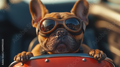 Close-up of a funny french bulldog with goggles in a pedal car photo